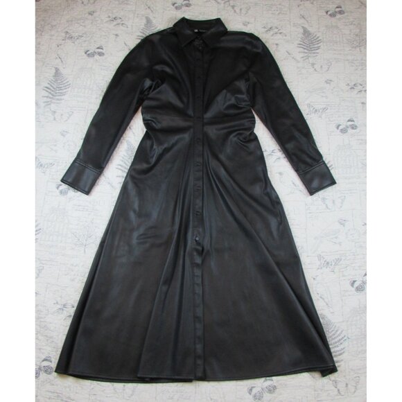 NEW Zara WOMANS MIDI FAUX VEGAN LEATHER SHIRT DRESS SHIRRED SIDES BLACK Size: L - Picture 2 of 12